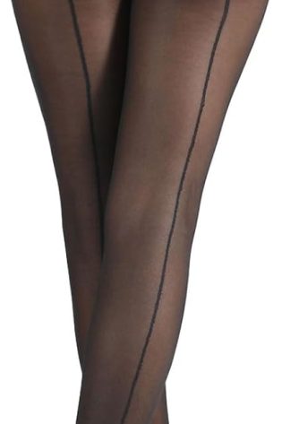 Backseam Sheer Tights for Women T Crotch Cuban Heel Black Pantyhose 20D Control Top Stockings