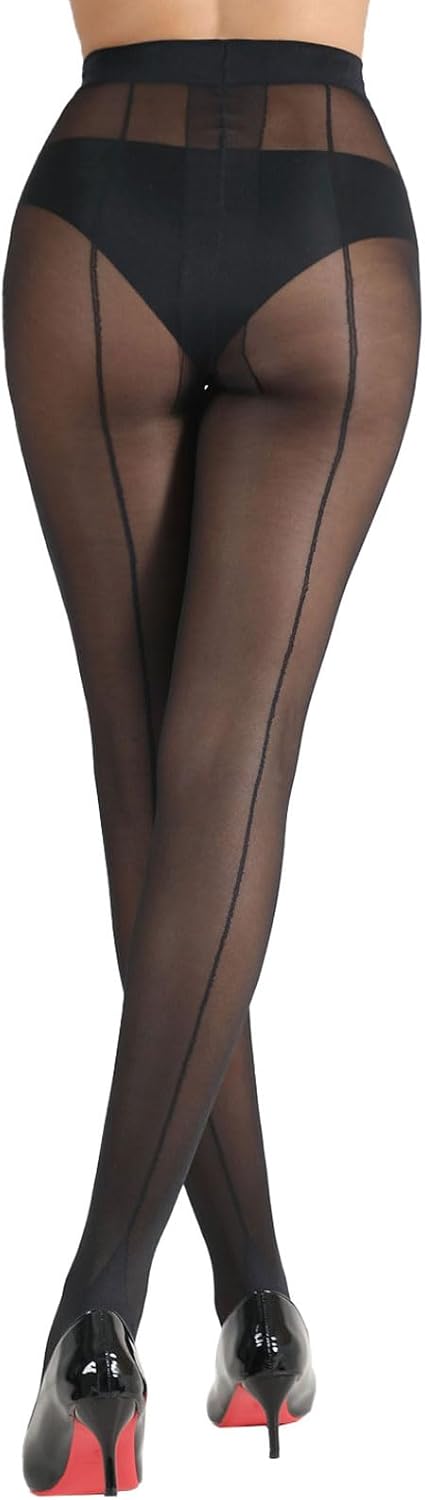Backseam Sheer Tights for Women T Crotch Cuban Heel Black Pantyhose 20D Control Top Stockings