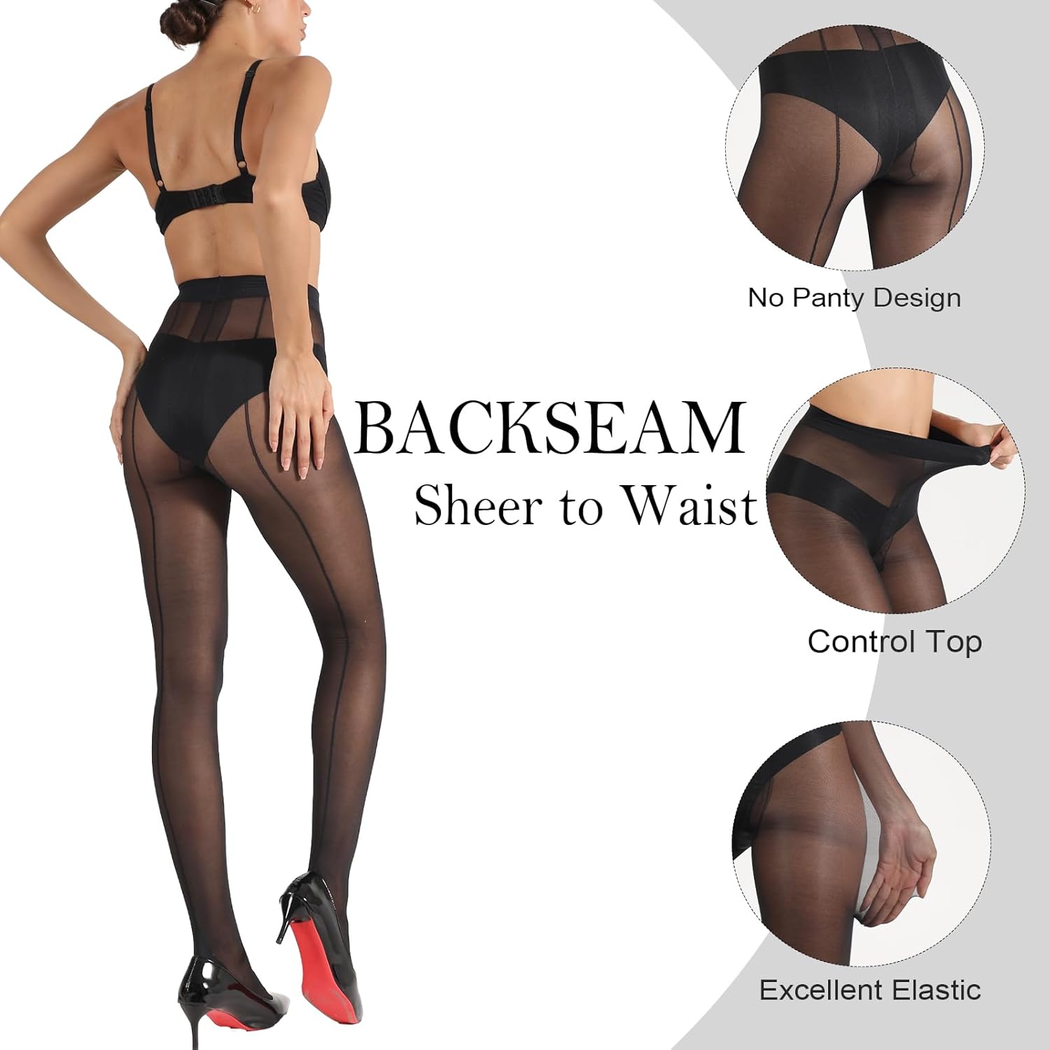 Backseam Sheer Tights for Women T Crotch Cuban Heel Black Pantyhose 20D Control Top Stockings - Image 2