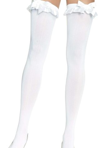 Women's Opaque Thigh Highs with Satin Ruffle Trim and Bow