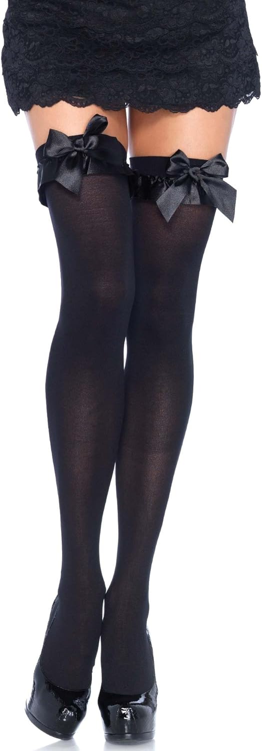 Women's Opaque Thigh Highs with Satin Ruffle Trim and Bow