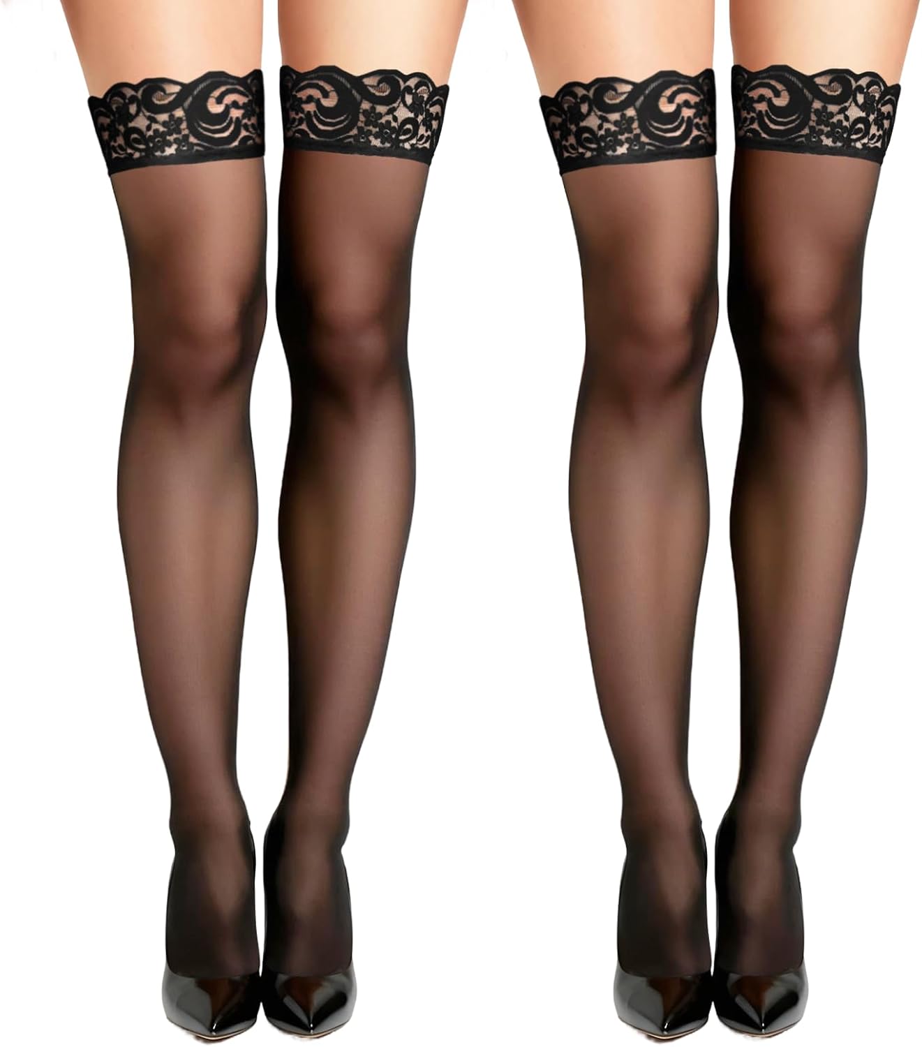 Thigh High Stockings for Women Sexy Sheer Silky Over Knee Stockings with Lace Top