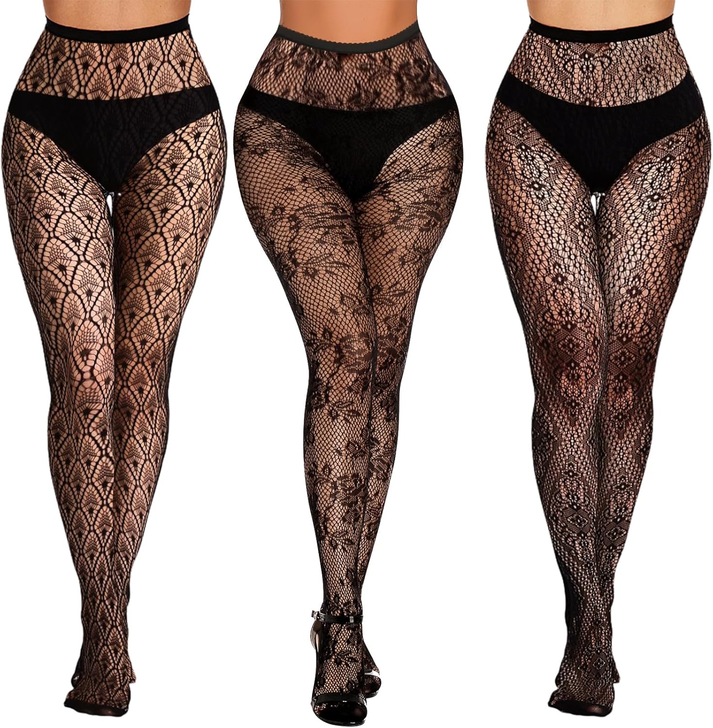 3 Pcs Lace Patterned Fishnet Tights for Women Black Fishnets Leggings Lace Tights