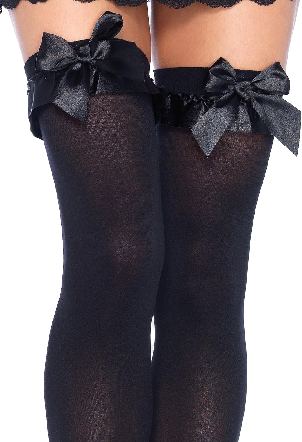 Women's Opaque Thigh Highs with Satin Ruffle Trim and Bow - Image 2